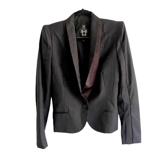 BOLONGARO TREVOR Pinstripe Cropped Blazer Navy Blue M - Picture 2 of 8